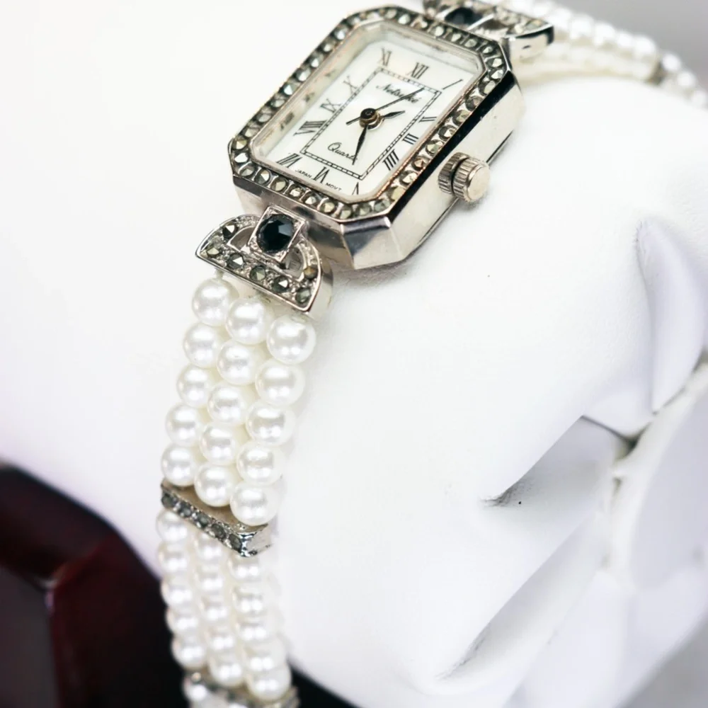 Elegant Vintage Netsuke Pearl & Marcasite Watch
